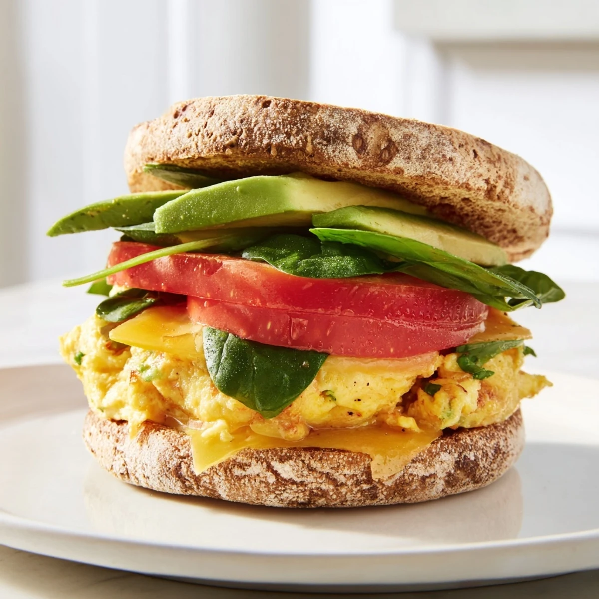Golden stacked healthy breakfast sandwich with melted cheese, avocado, and fresh spinach on toasted whole grain English muffin