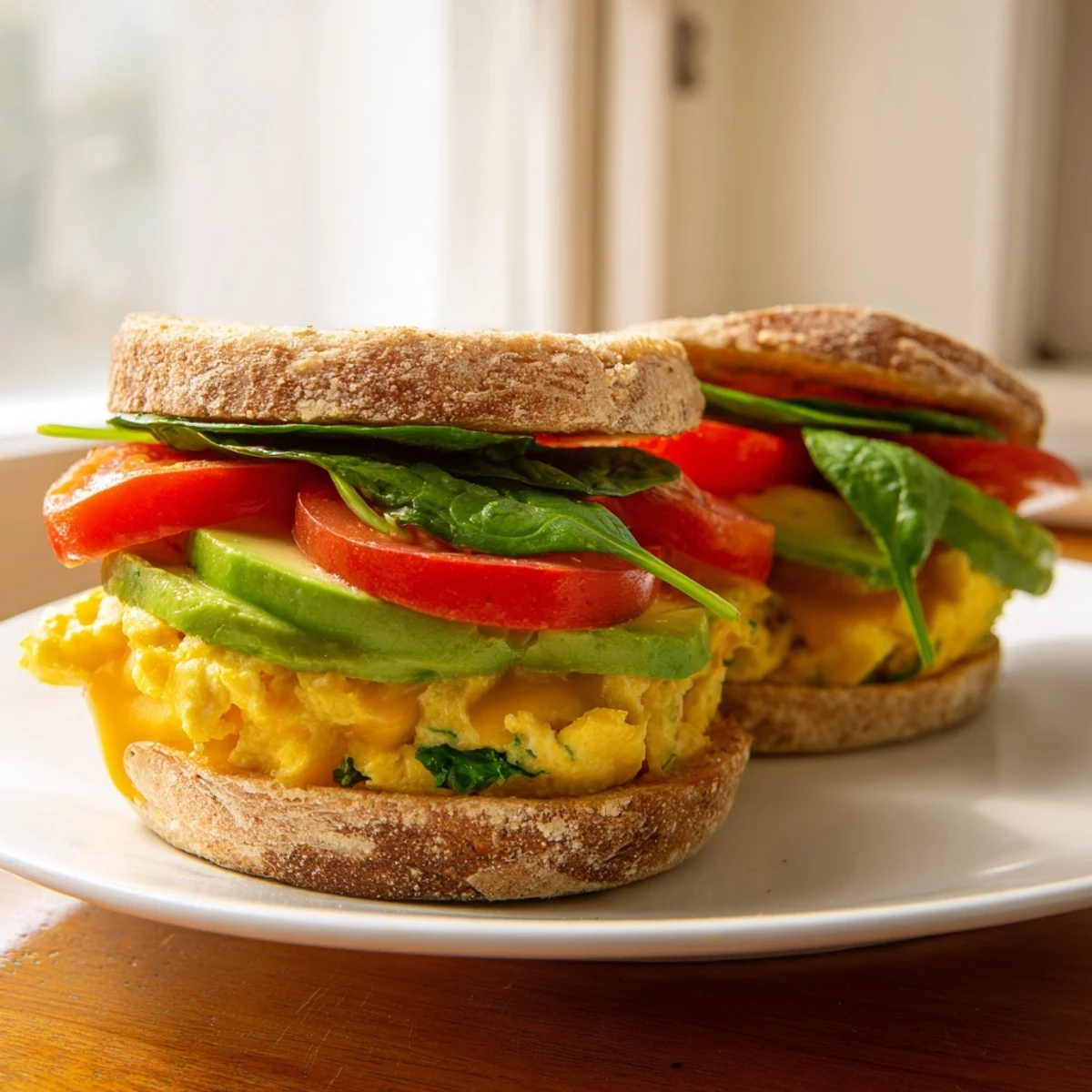 Protein-packed healthy breakfast sandwich layered with creamy avocado, crisp vegetables, and perfectly cooked eggs on whole grain bread
