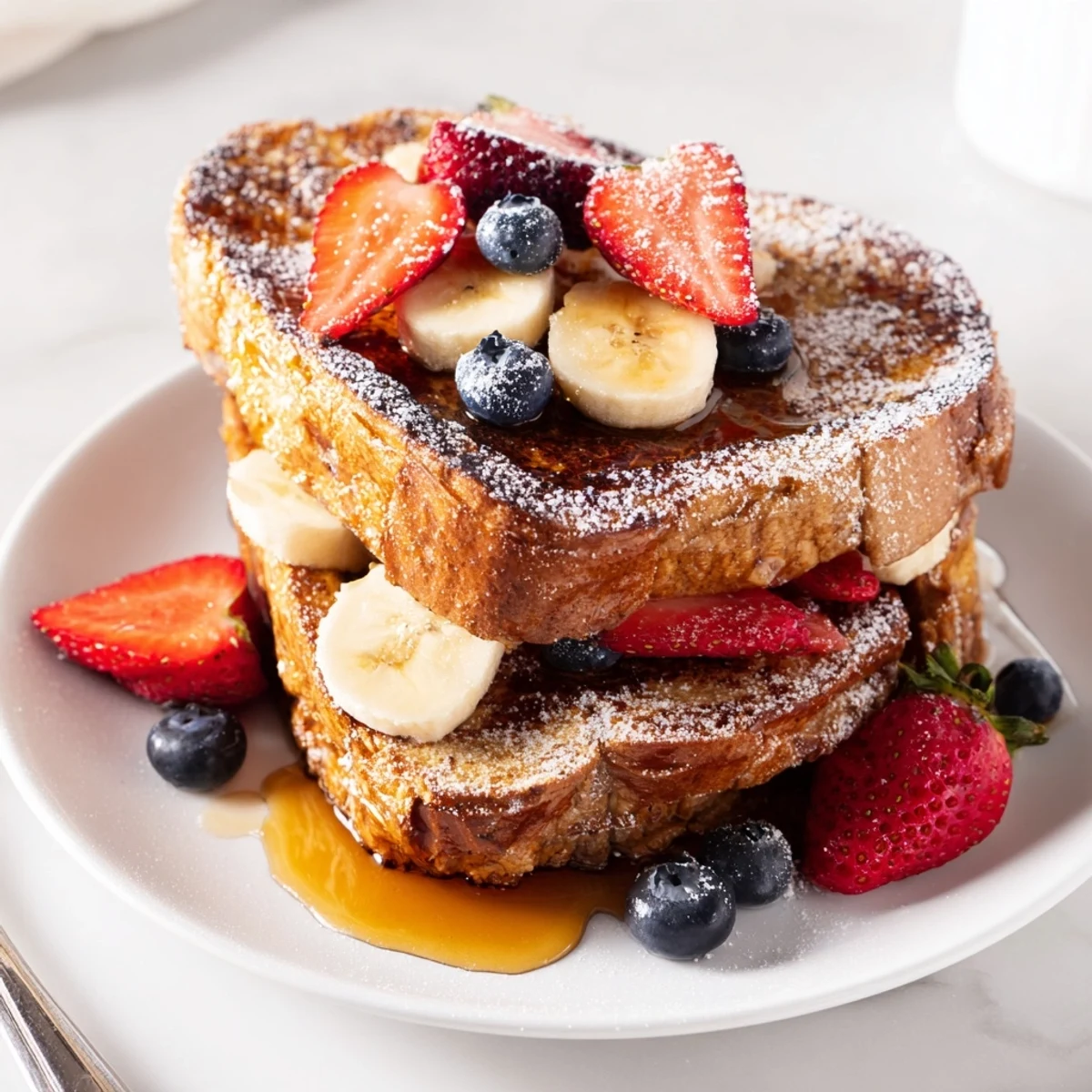 Golden vegan French toast slices dusted with powdered sugar and fresh berry topping