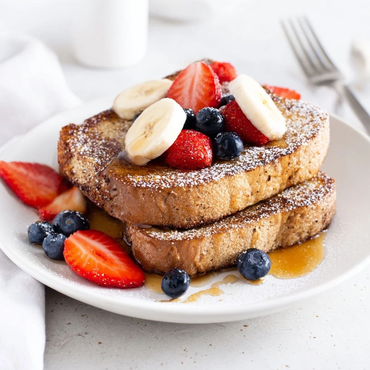 Crispy plant-based French toast stacked high with maple syrup and sliced bananas