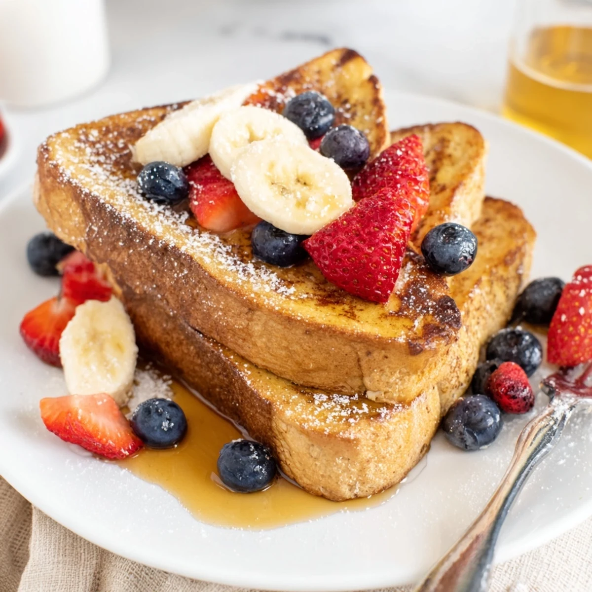 Dairy-free cinnamon French toast breakfast plated with berries and sweet maple drizzle
