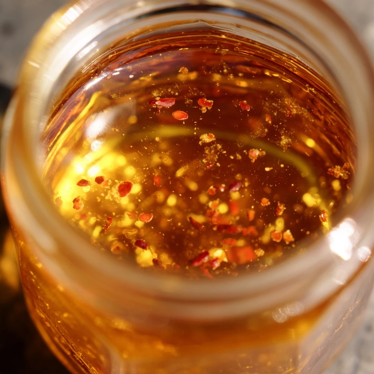 Spicy-sweet honey infusion swimming with chili flakes in a glass jar beside pizza