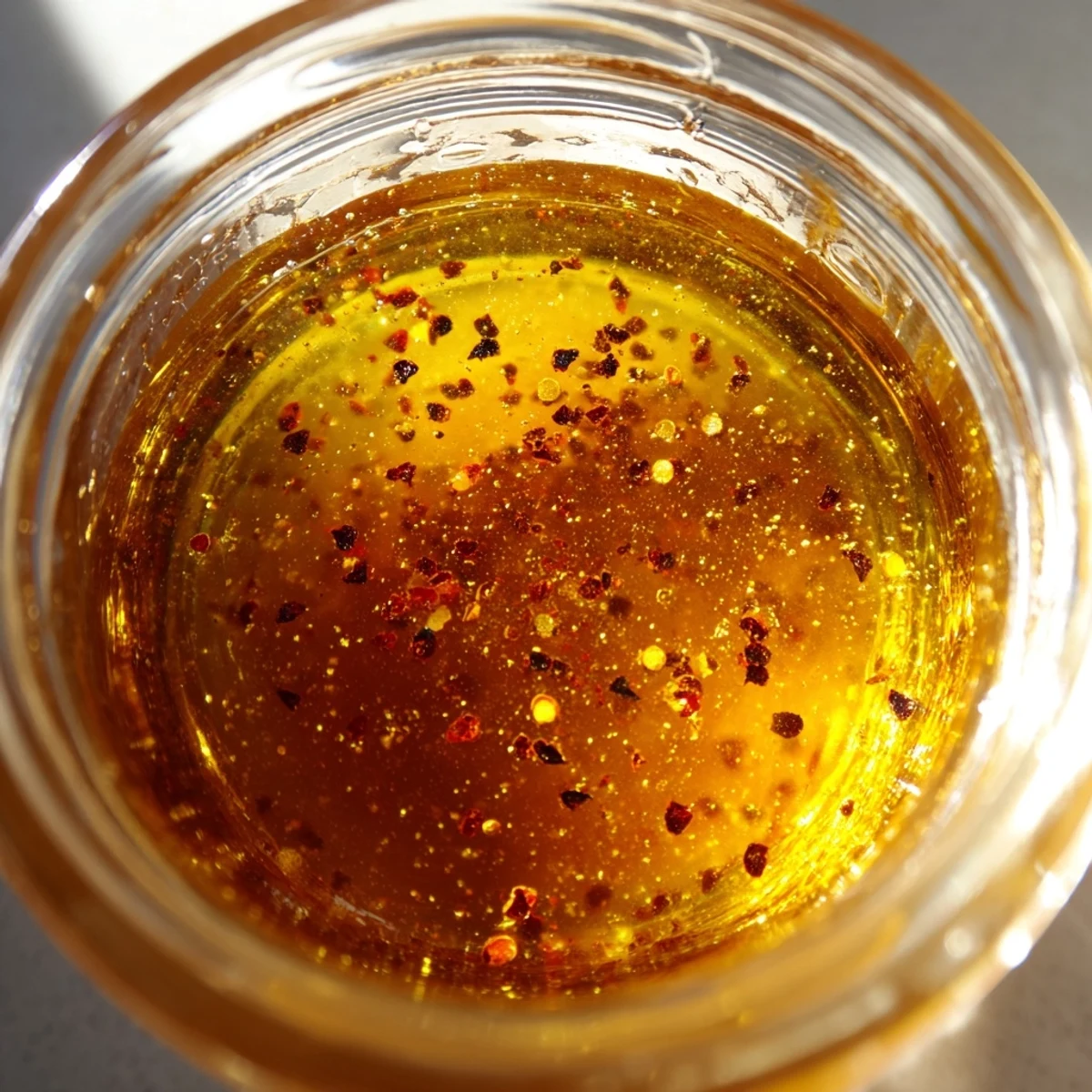 Golden homemade hot honey drizzled over crispy fried chicken with red chili flakes visible