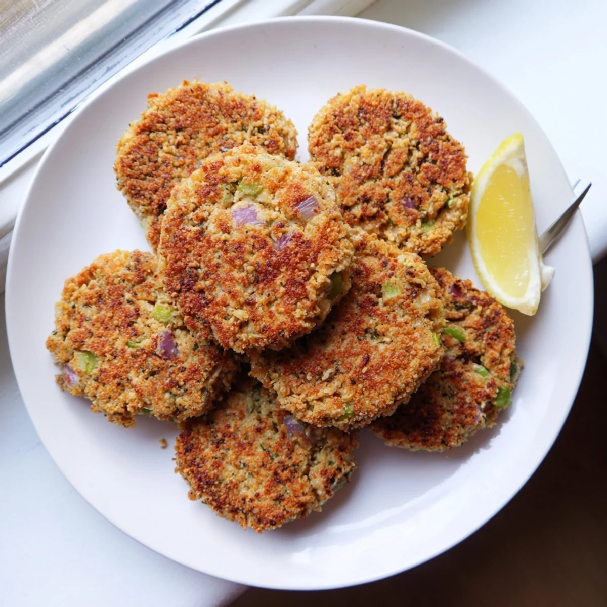 Pan-fried crispy tuna cakes showing golden crunchy exterior paired with a light side salad for lunch