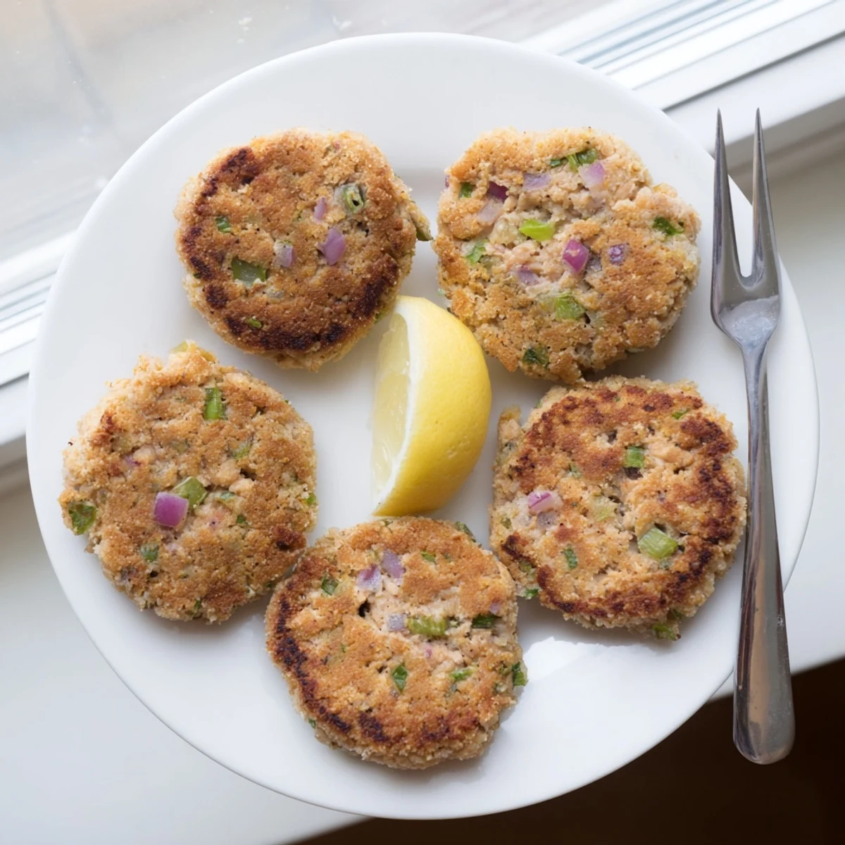 Homemade crispy tuna cakes arranged on a white plate with lemon wedges and fresh parsley garnish