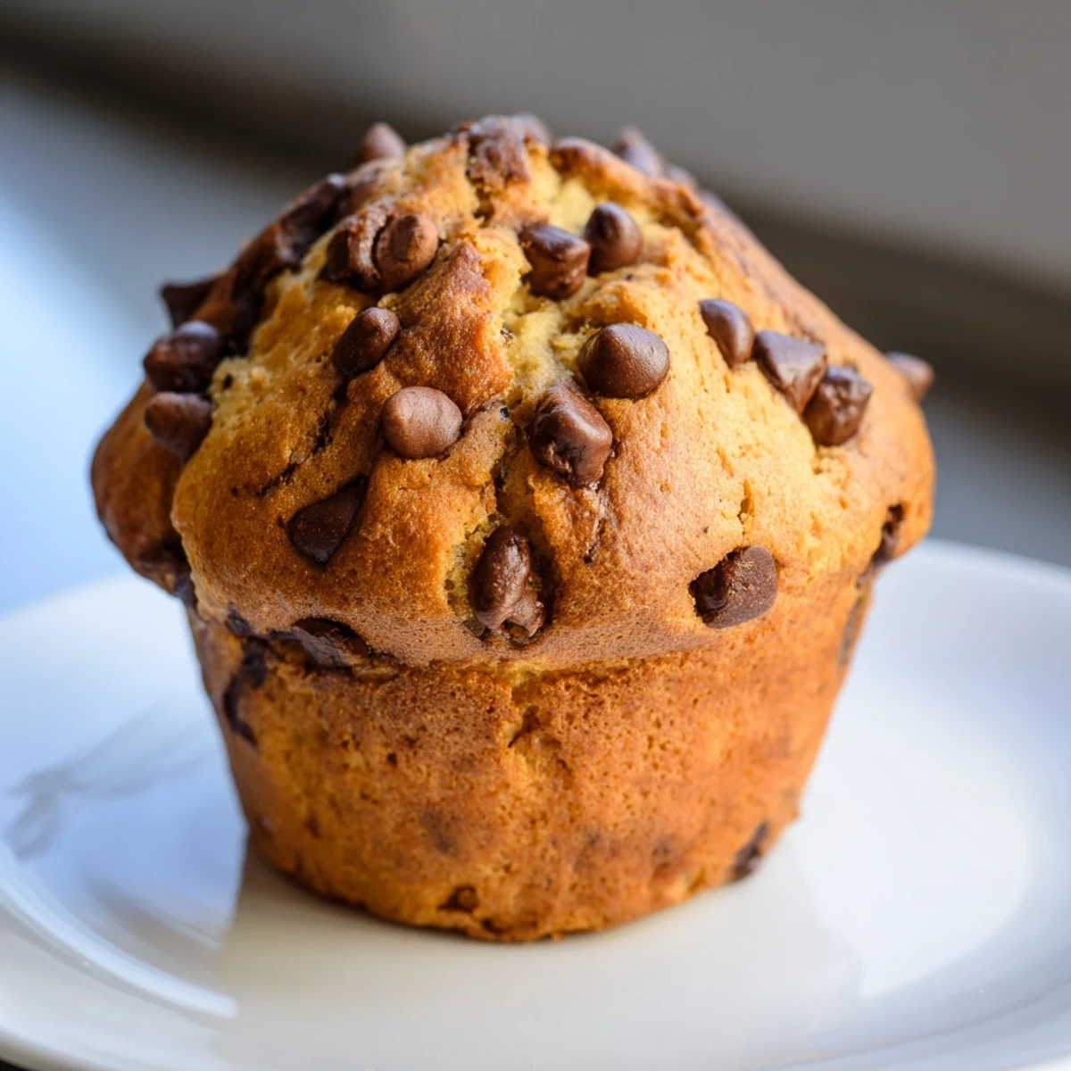 Golden bakery style chocolate chip muffins with tall domed tops and melty chocolate chips
