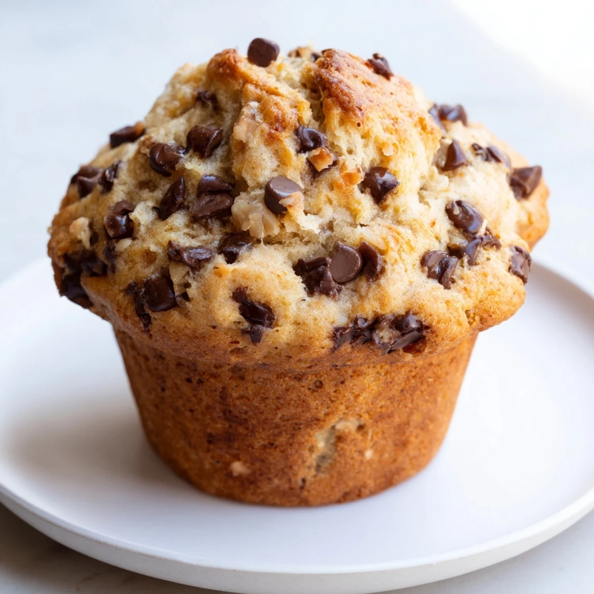 Moist chocolate chip muffins fresh from the oven with chocolate scattered across the golden brown tops