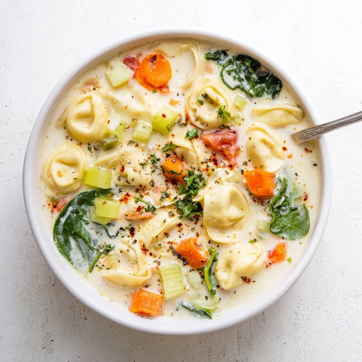 Steaming bowl of creamy tortellini soup garnished with fresh basil and grated Parmesan cheese