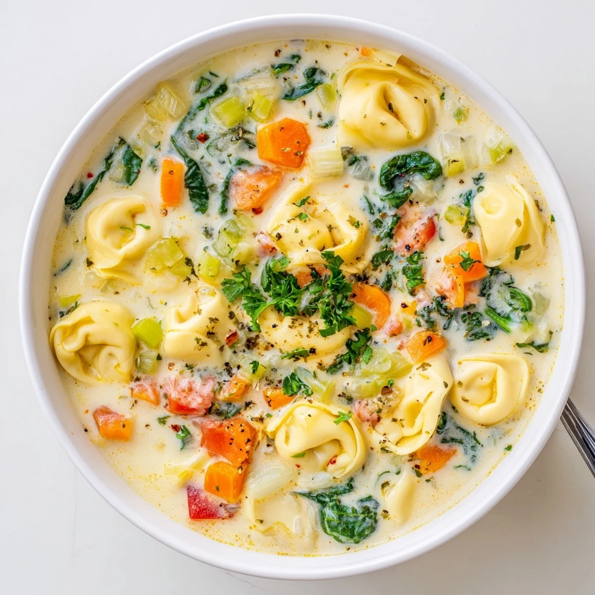 Comforting tortellini soup featuring tender vegetables and cheesy pasta in a rich velvety broth