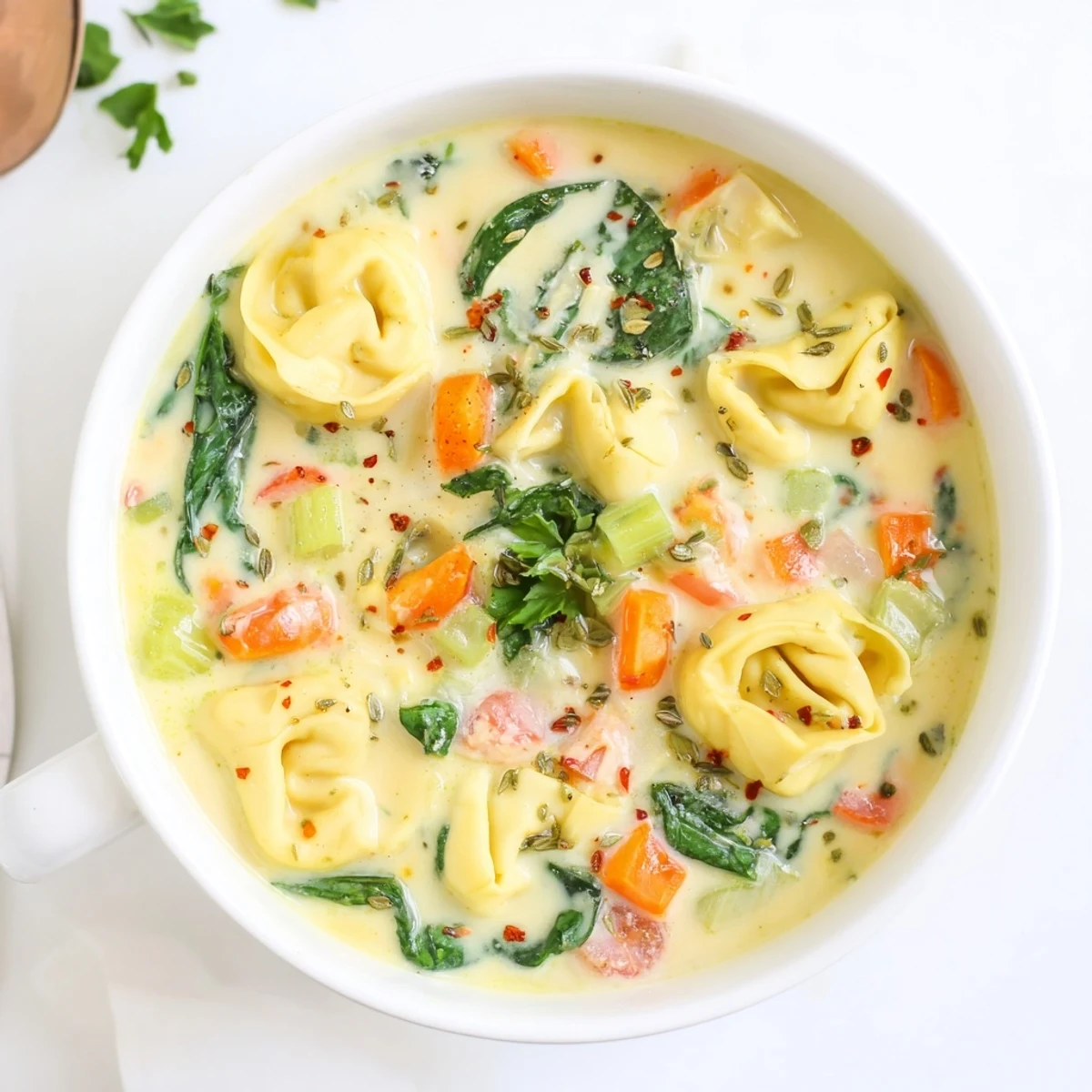 Hearty bowl of tortellini soup with spinach and cream, perfect for cozy autumn dinners