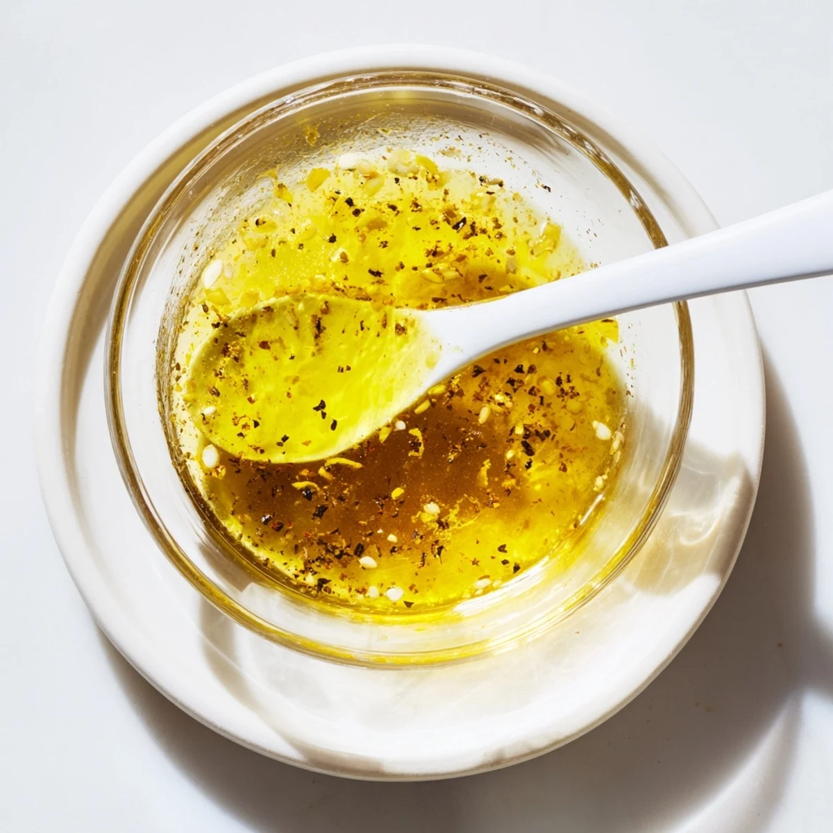 Golden easy lemon vinaigrette dressing drizzled over crisp green salad in glass jar