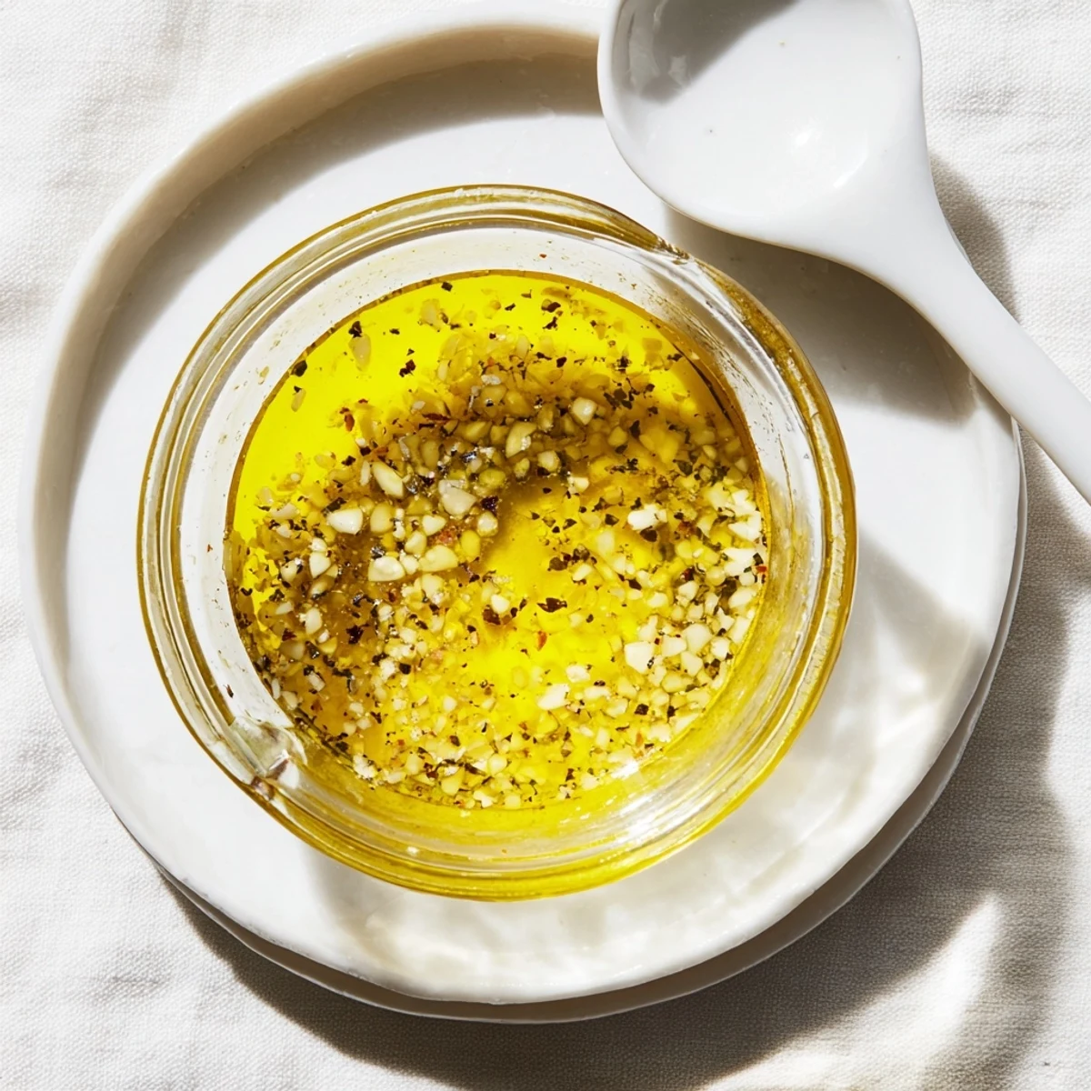 Bright easy lemon vinaigrette dressing served in white ramekin alongside fresh lettuce leaves