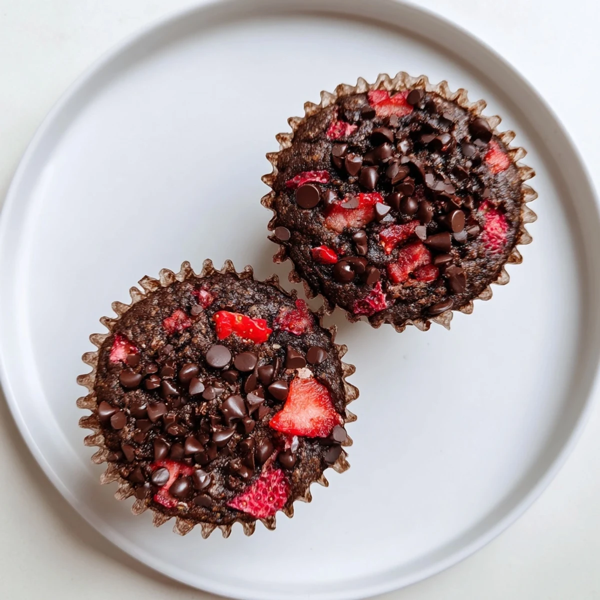 Fresh baked double chocolate strawberry muffins topped with mini chocolate chips on a wire cooling rack