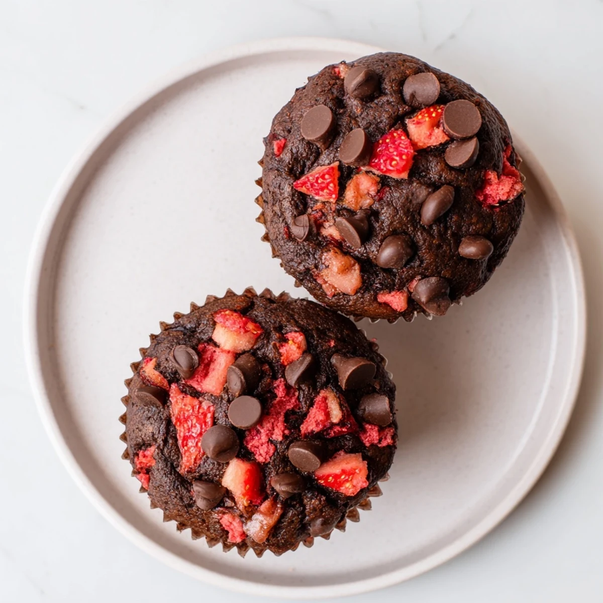 Rich cocoa double chocolate strawberry muffins bursting with fresh fruit and chocolate chunks for breakfast