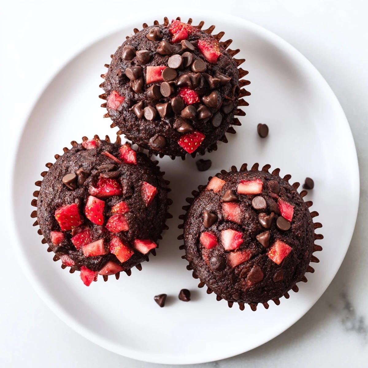 Moist chocolate muffins studded with juicy red strawberries and melting semi-sweet chocolate chips inside