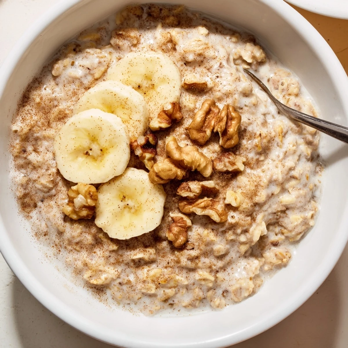 Spoonful of rich cinnamon-spiced brown sugar overnight oats in a white bowl with berry garnish
