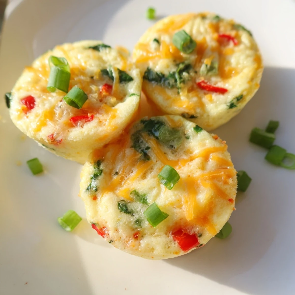 Golden brown cottage cheese egg bites flecked with colorful spinach and bell peppers