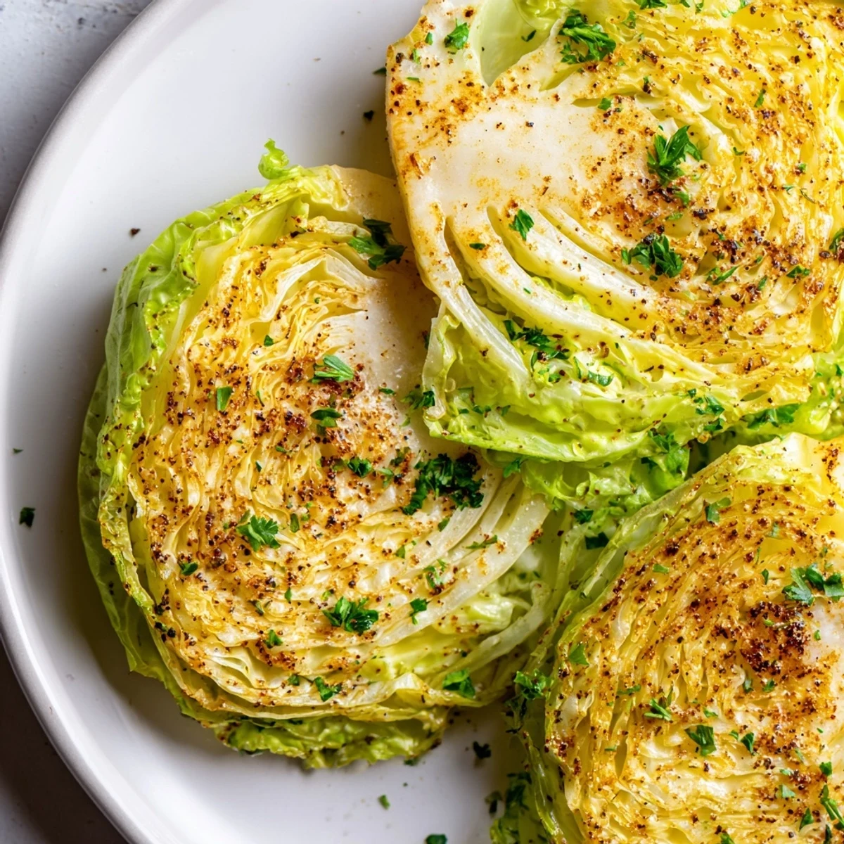 Golden brown roasted cabbage steaks seasoned with garlic and paprika on a white baking sheet