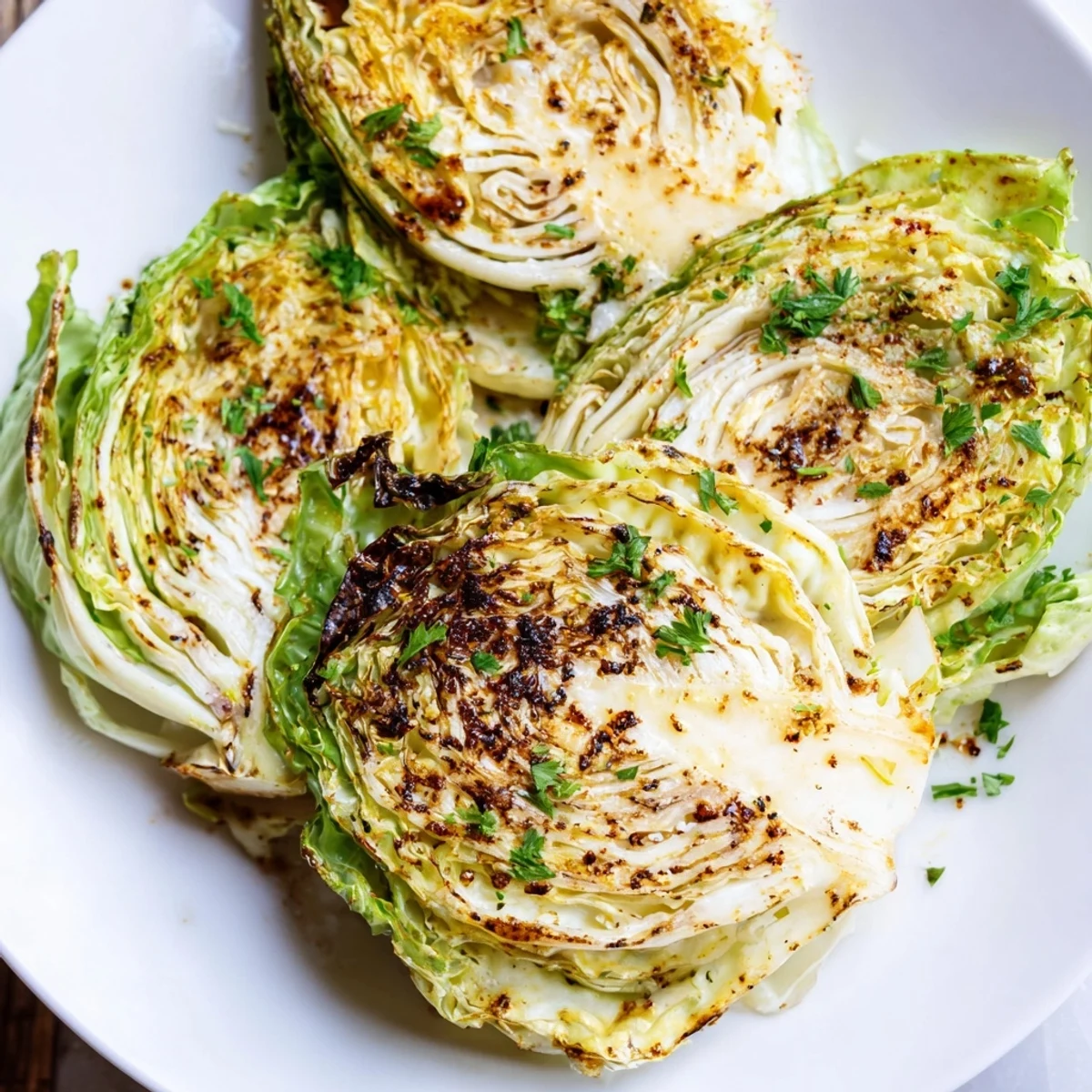 Oven roasted cabbage steaks arranged in single layer with golden edges and aromatic spice coating