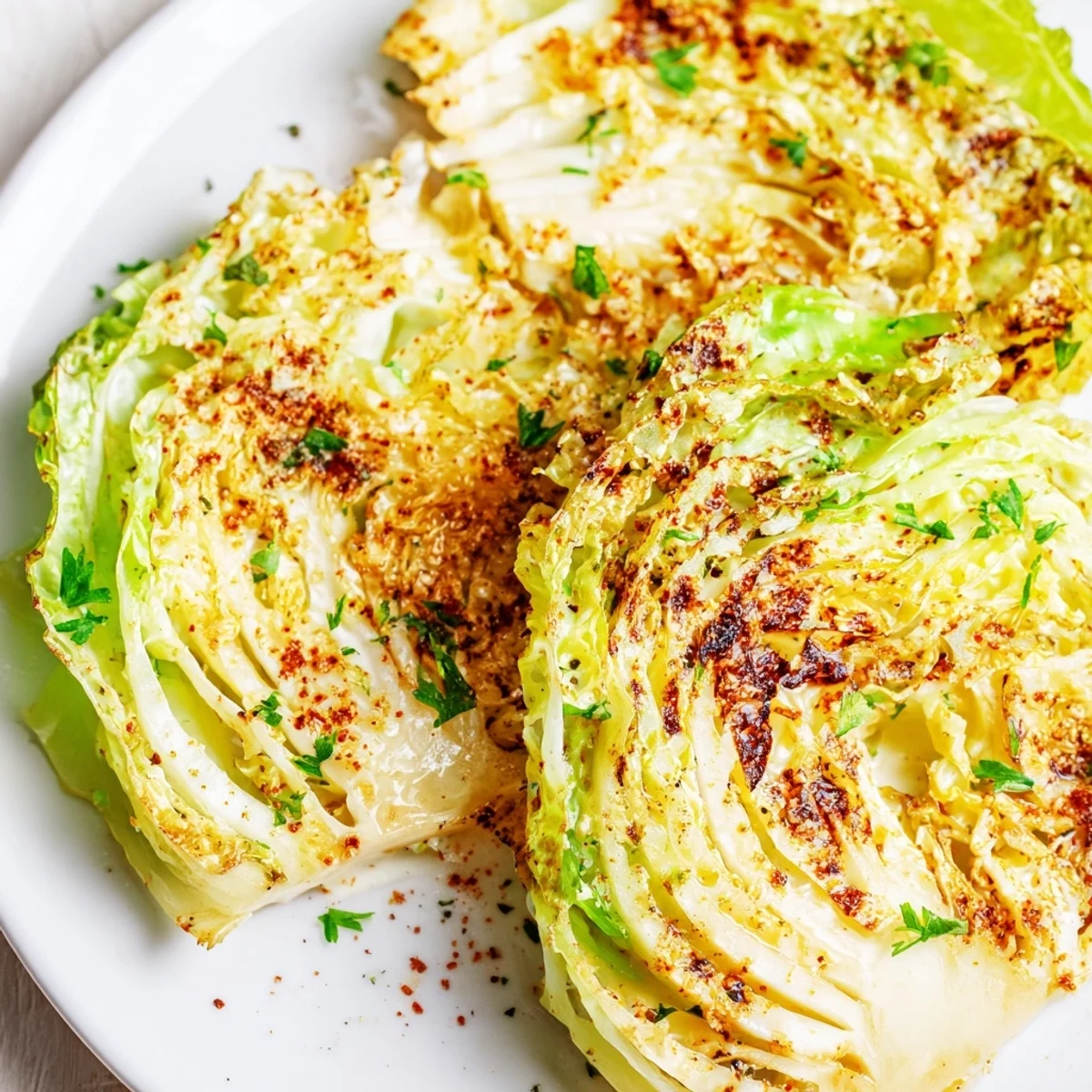 Thick caramelized cabbage slices with crispy edges and tender interior garnished with fresh green parsley