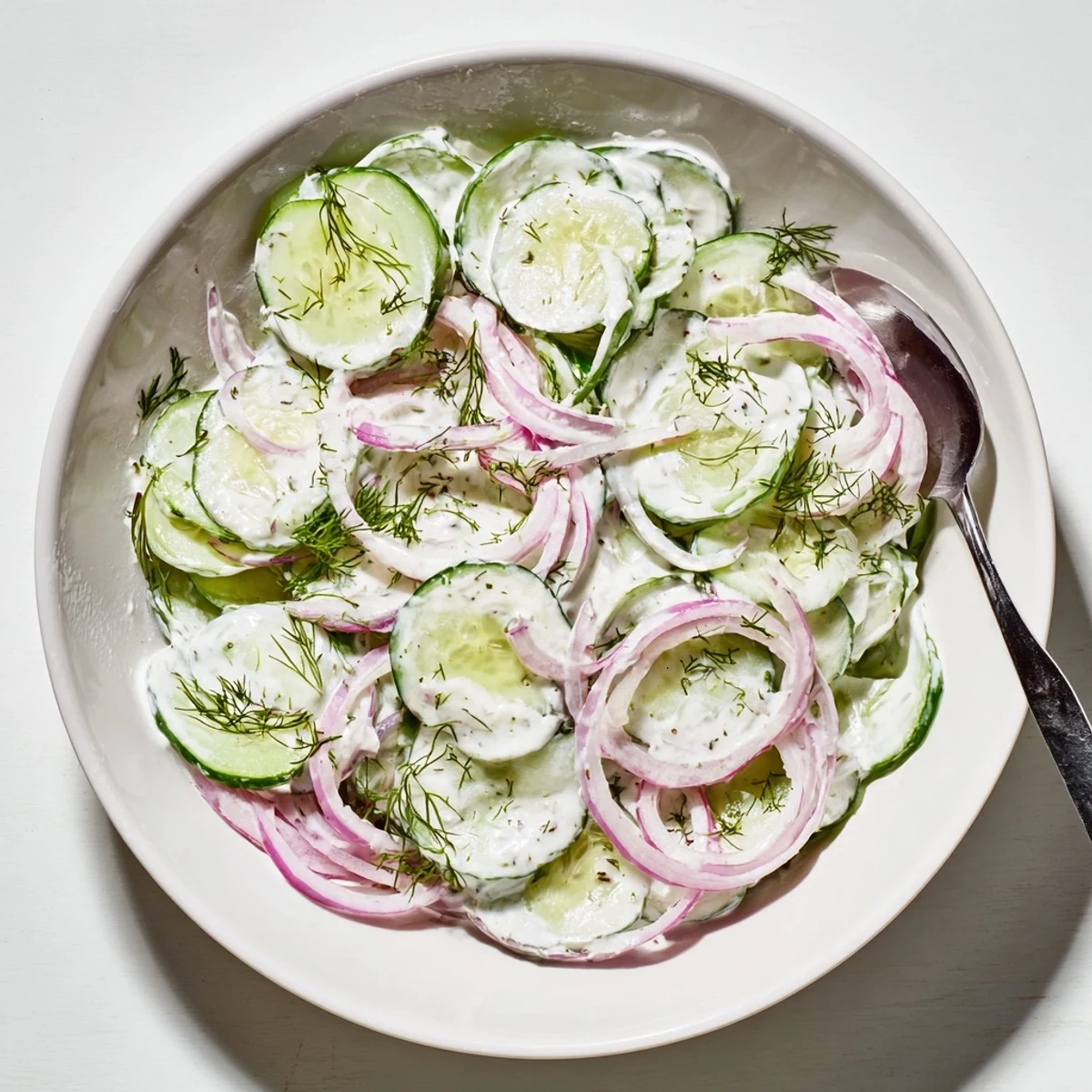 Chilled bowl of creamy cucumber salad featuring thinly sliced vegetables swimming in a rich sour cream and herb mayonnaise dressing