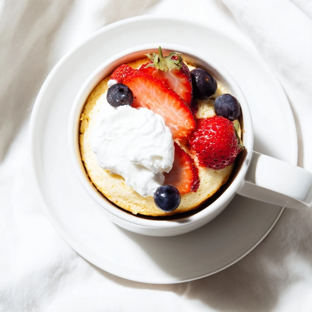 Golden fluffy angel food cake rises tall in a white mug topped with dollops of sweet whipped cream and fresh red strawberries.