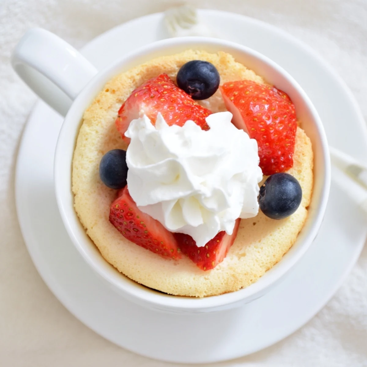 Air fryer angel food mug cake featuring a light airy texture with glistening berry topping and creamy white whipped cream.