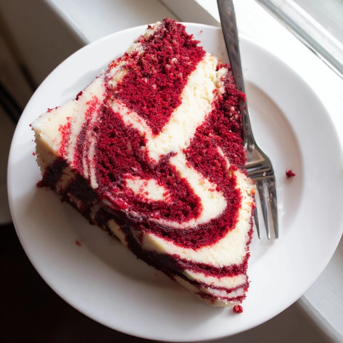Moist red velvet cheesecake swirl cake with creamy marbled cream cheese baked inside