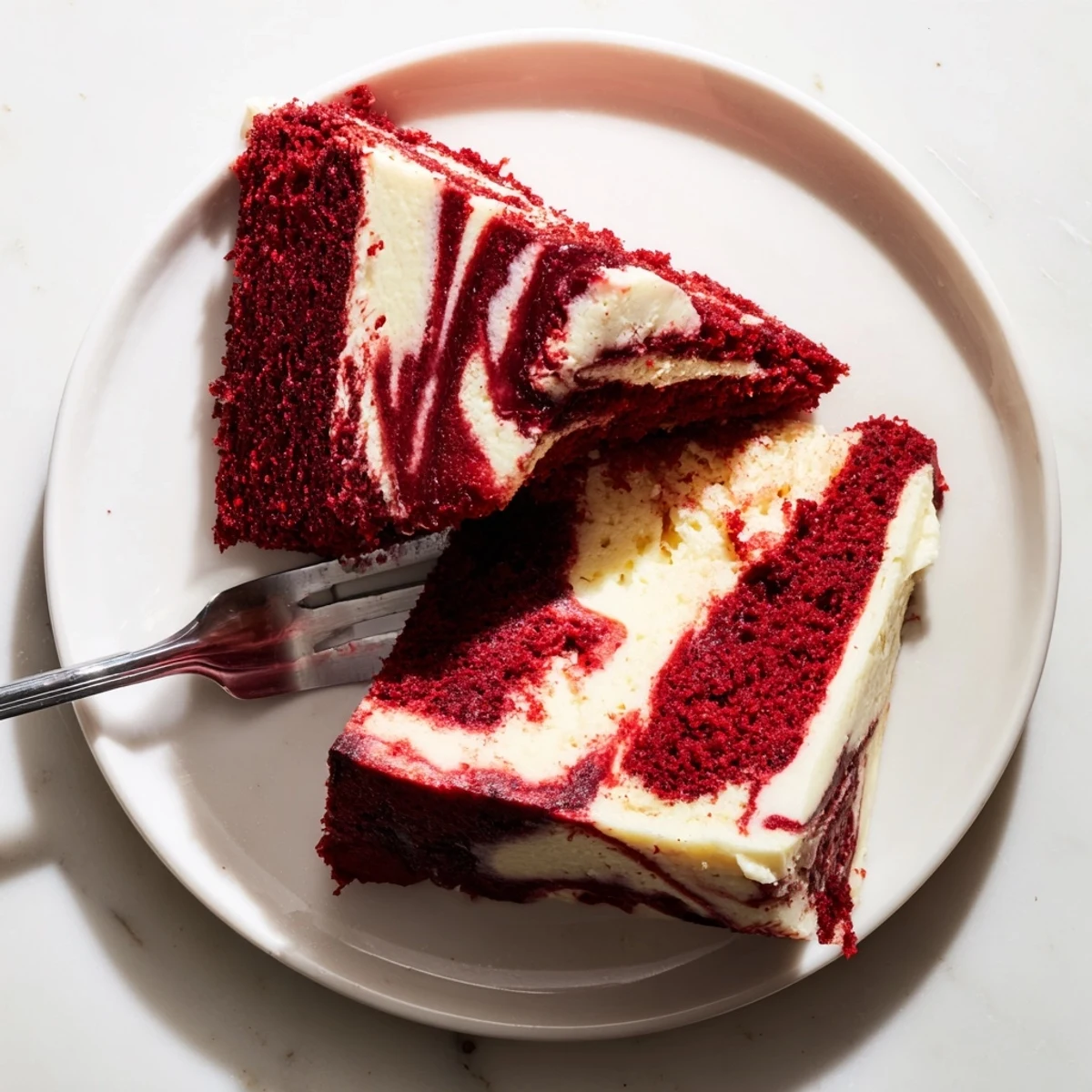 Sliced red velvet cheesecake swirl cake showing vibrant red and white marble pattern