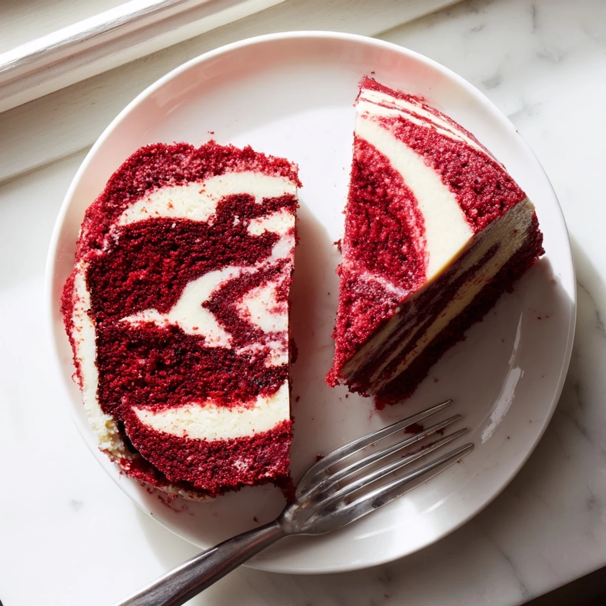 Homemade red velvet cheesecake swirl cake plated with powdered sugar dusting on top