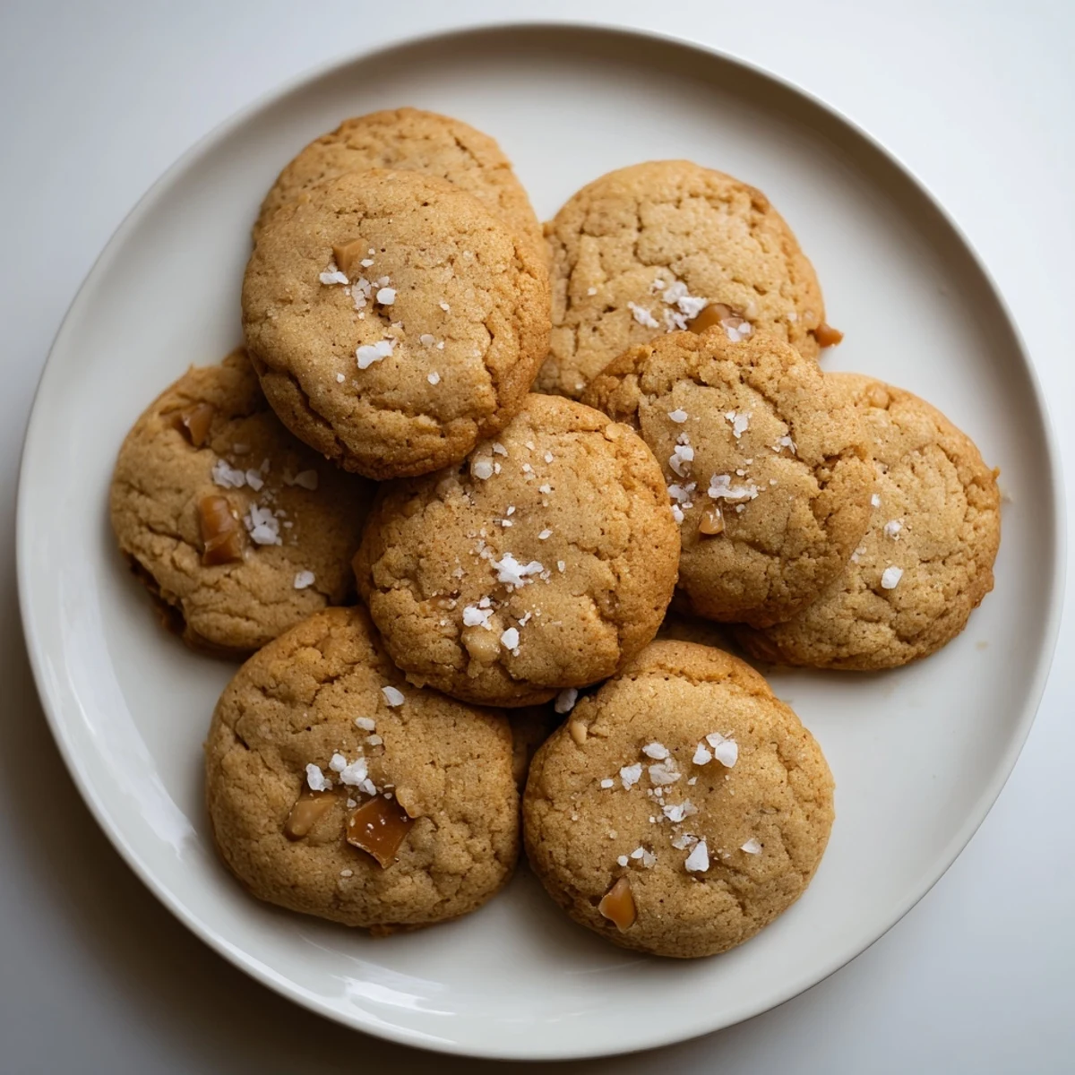 Golden brown sea salt caramel cookies with gooey melted caramel pieces and flaky salt topping