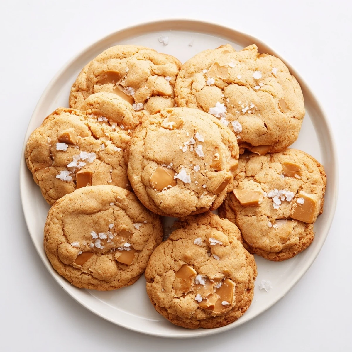 Buttery sea salt caramel cookies sprinkled with flaky salt on a white serving plate