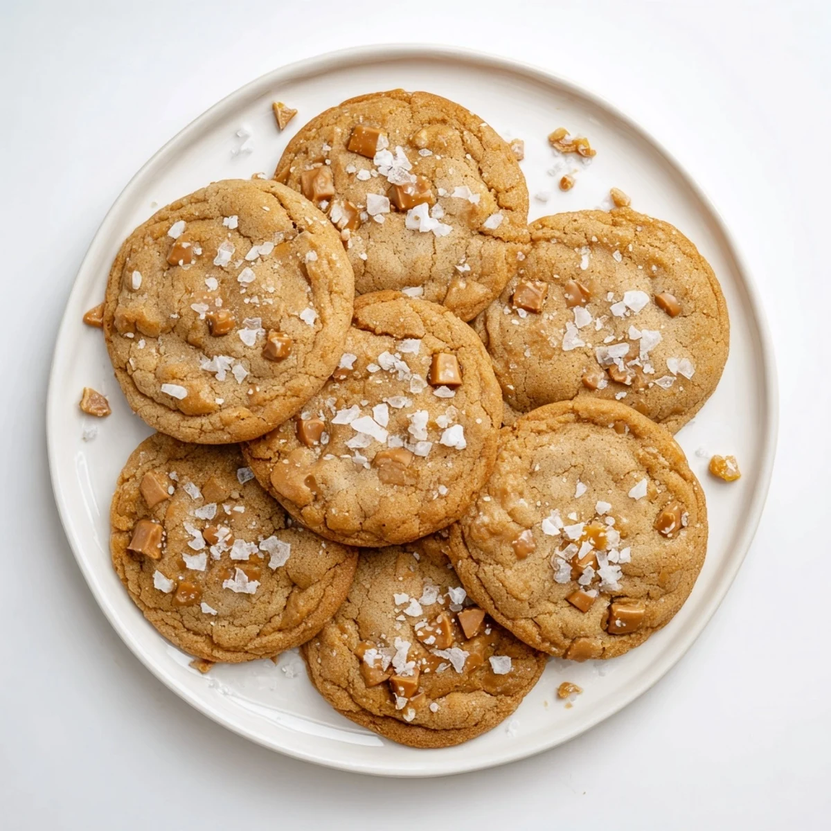 Chewy homemade sea salt caramel cookies on a cooling rack with golden edges