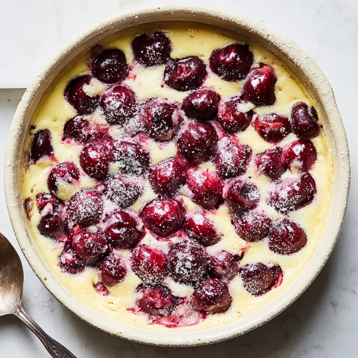 Golden baked cherry custard dessert with juicy red fruit nestled in creamy vanilla custard