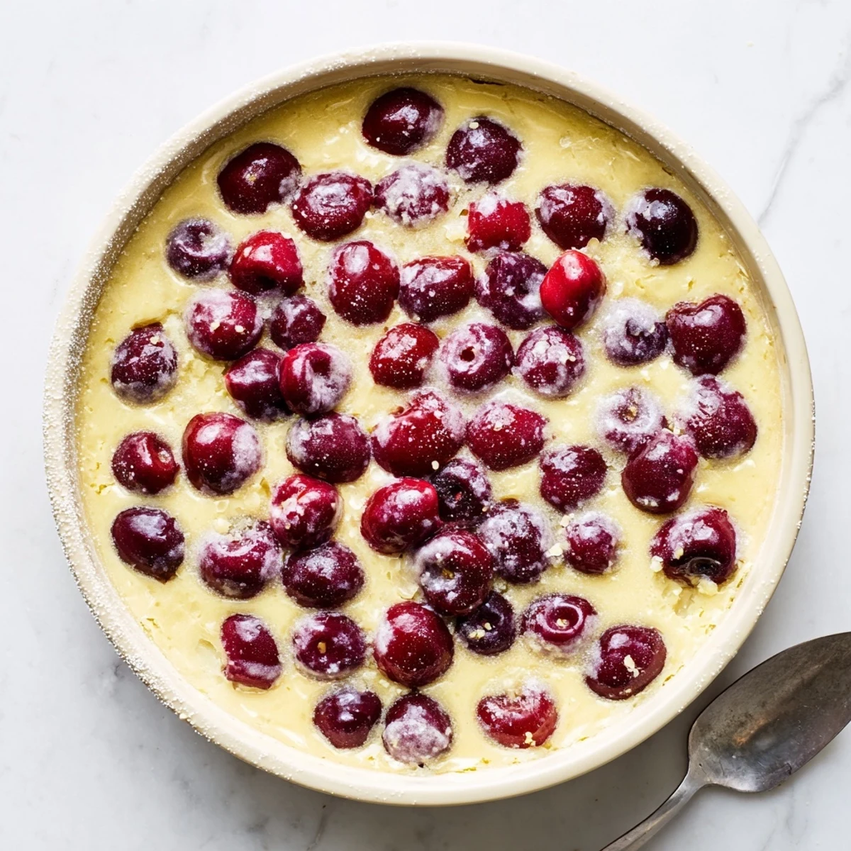 Homemade cherry custard featuring plump cherries suspended in a silky egg custard base