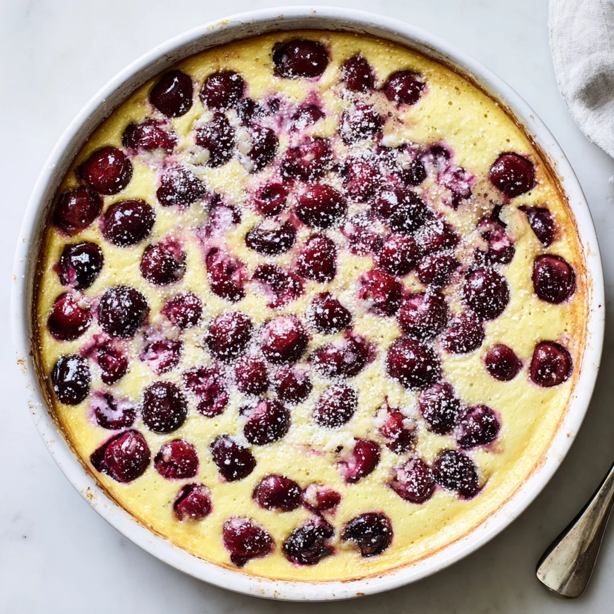 Sweet cherry custard recipe showing golden baked custard dotted with vibrant red cherries