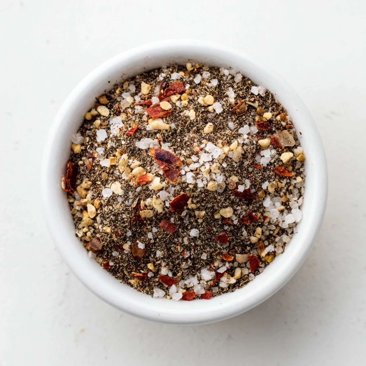 Rustic bowl of Montreal steak seasoning blend with coarse black pepper and vibrant red paprika flakes