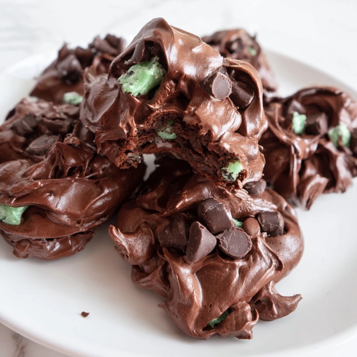 Dark chocolate and mint chip clouds showing fluffy meringue cookies with melty chocolate bits on a white plate