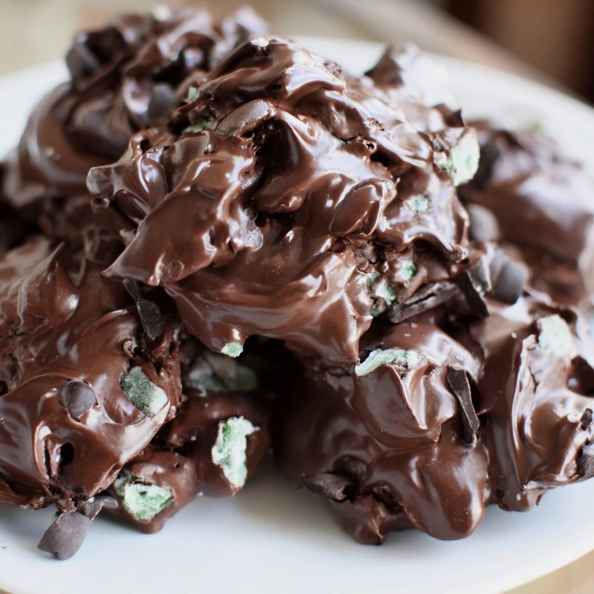Airy dark chocolate and mint chip clouds piled high on a baking sheet, freshly baked with golden edges