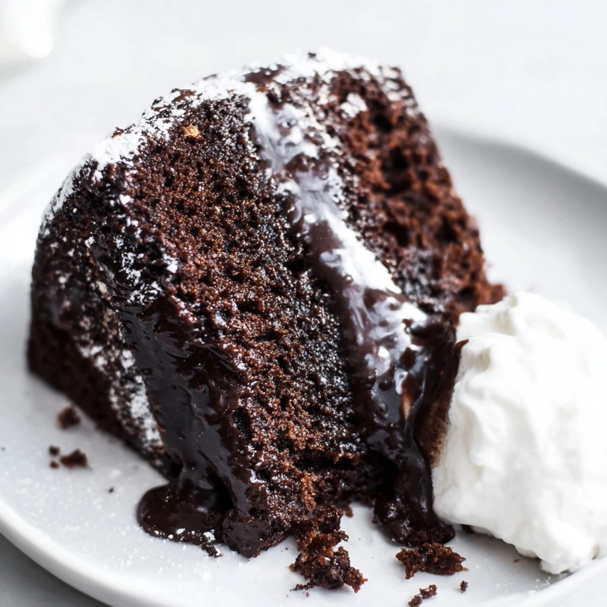Rich air fryer chocolate cake infused with stout beer topped with whipped cream