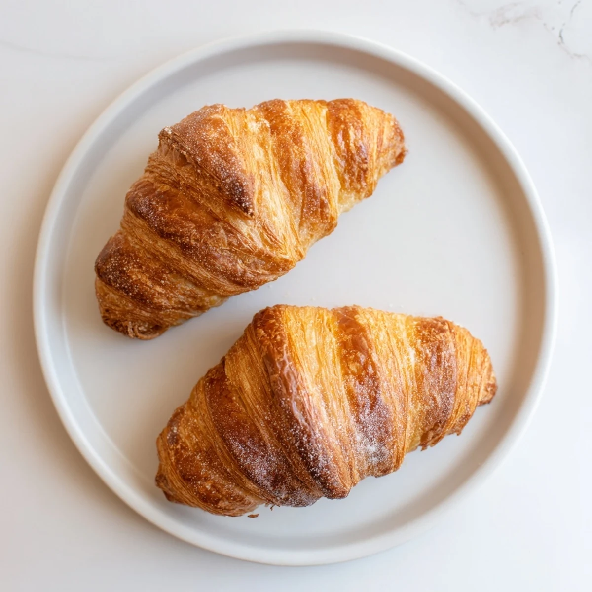 Golden flaky layers of homemade air fryer croissants fresh from the basket with glossy egg wash finish