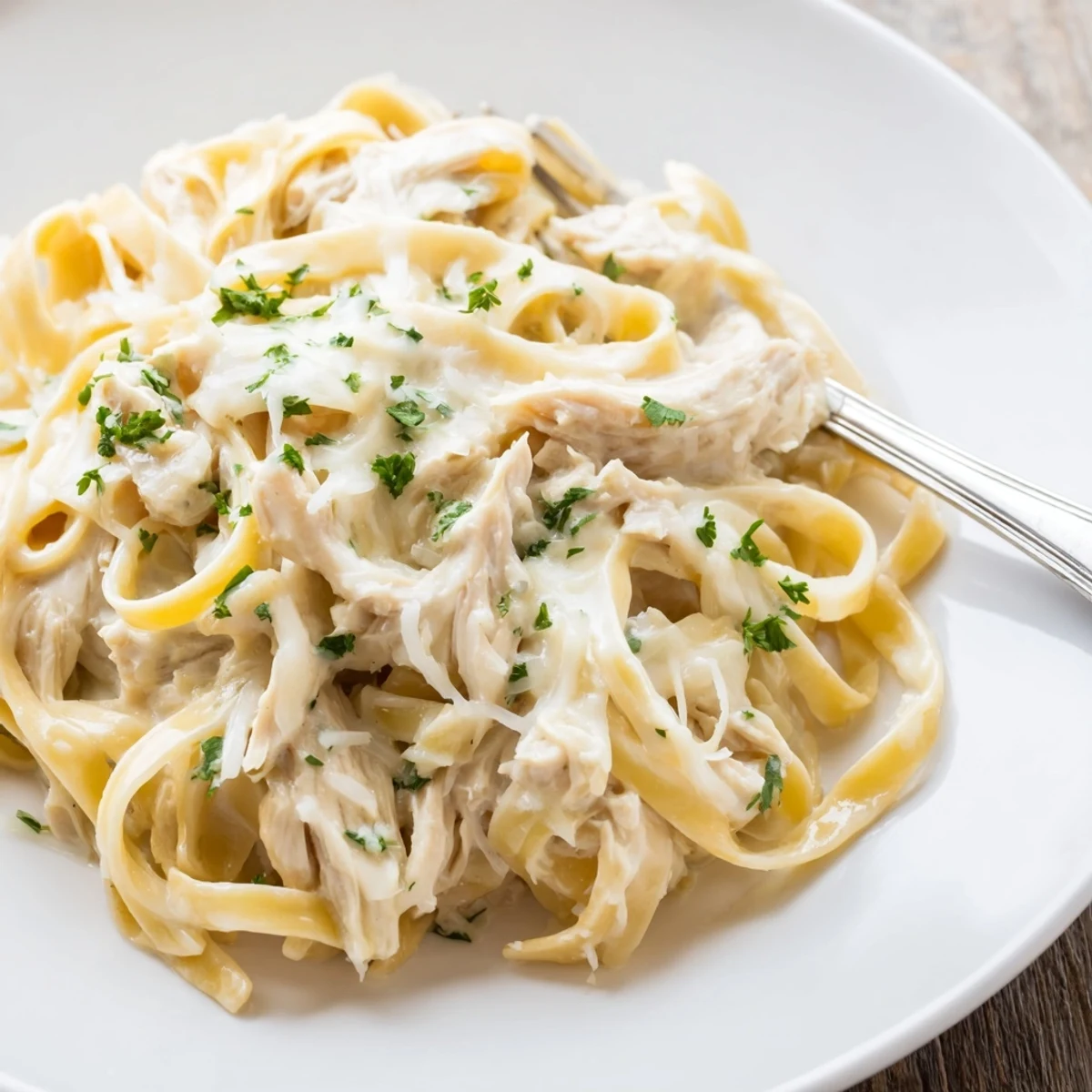 Golden slow cooker chicken Alfredo draped over al dente noodles with fresh parsley garnish