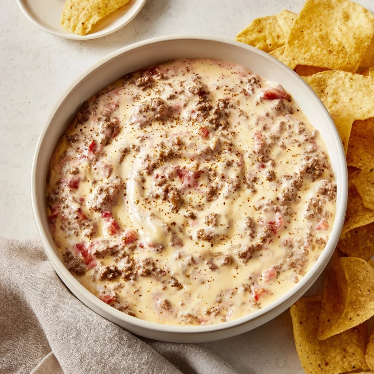 Creamy Rotel dip with melted cheese, seasoned ground beef, and spicy diced tomatoes served in a white bowl