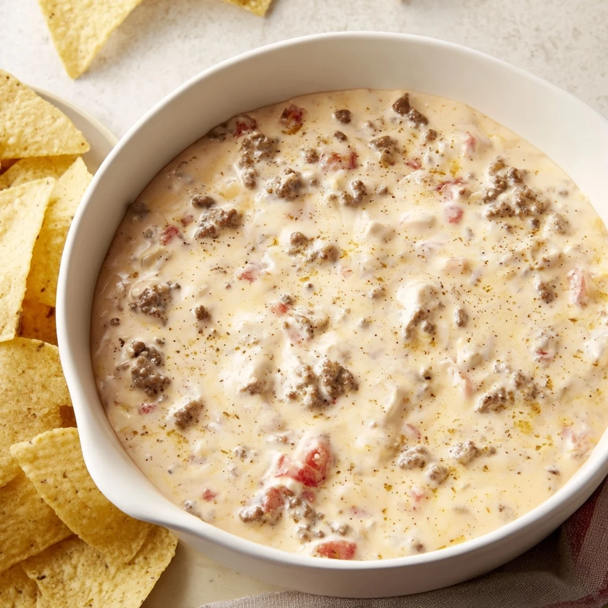 Golden ground beef simmered with Rotel tomatoes and Velveeta, topped with sour cream and fresh green onion garnish