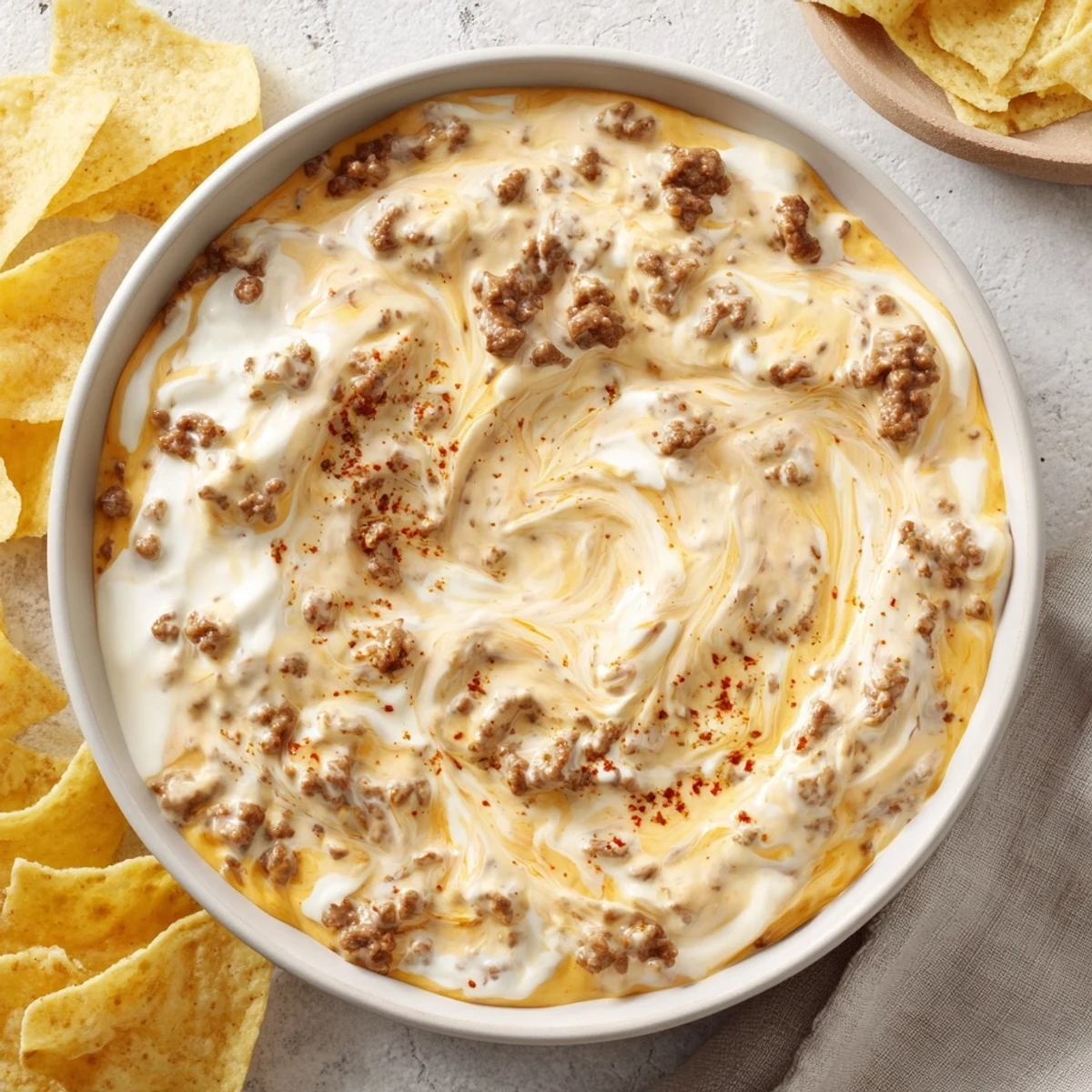Hot cheesy Rotel dip bubbling in a slow cooker with tortilla chips arranged on the side for dipping