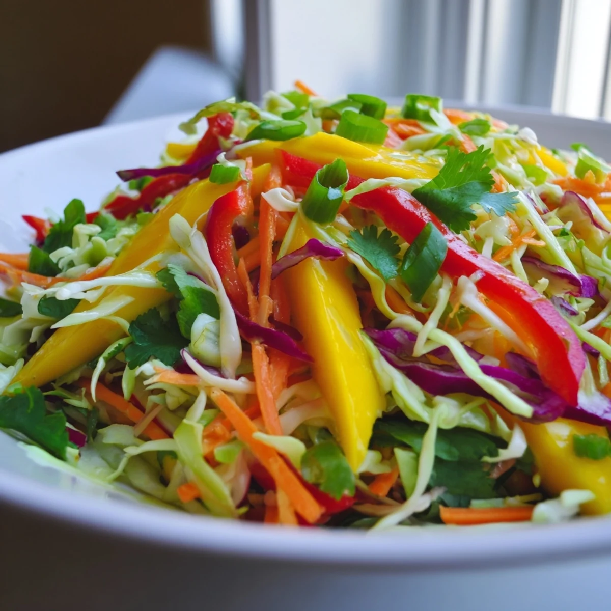 Golden mango slaw topped with cilantro and crisp cabbage ready for tacos or grilled fish