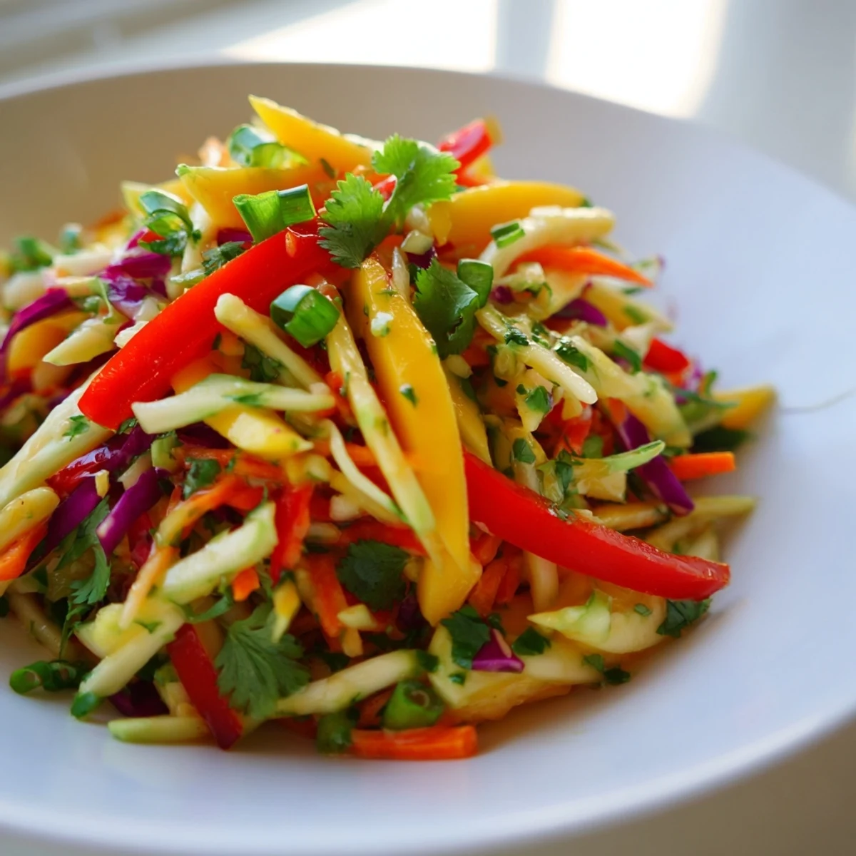 Colorful mango slaw featuring julienned vegetables and tangy dressing on a rustic wooden table