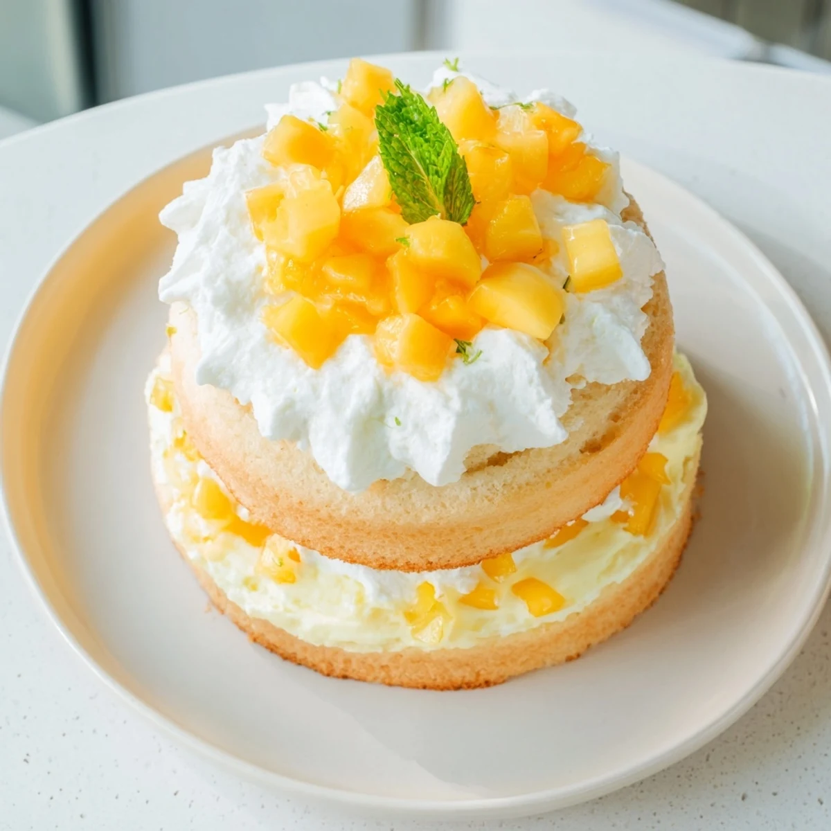 Mini Mango Yuzu Chantilly Cake with fluffy cream layers and fresh mango cubes