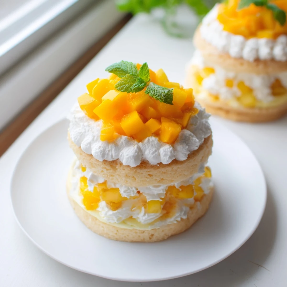 French-Japanese fusion dessert topped with diced mango and whipped Chantilly cream frosting