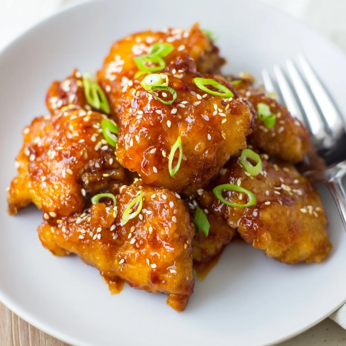 Golden sticky sweet chili chicken pieces glazed in red sauce and sprinkled with green onions and sesame seeds